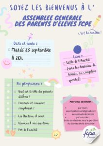 Assemblée générale des parents d'élèves FCPE @ salle de l'amitié ( vers terrains de tennis)